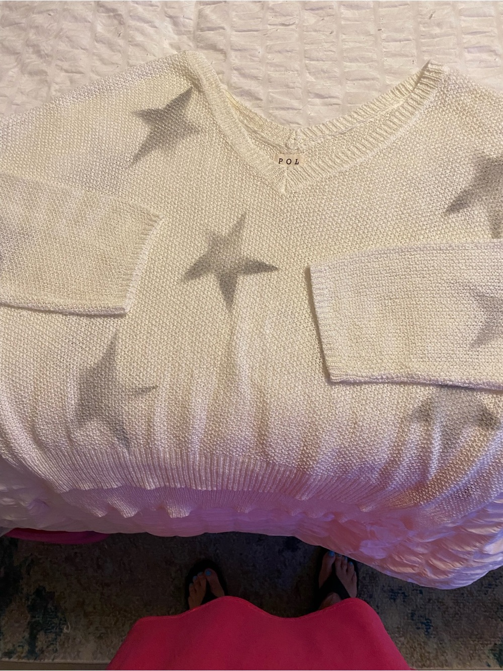 POL Cream V-Neck Star Pattern Sweater